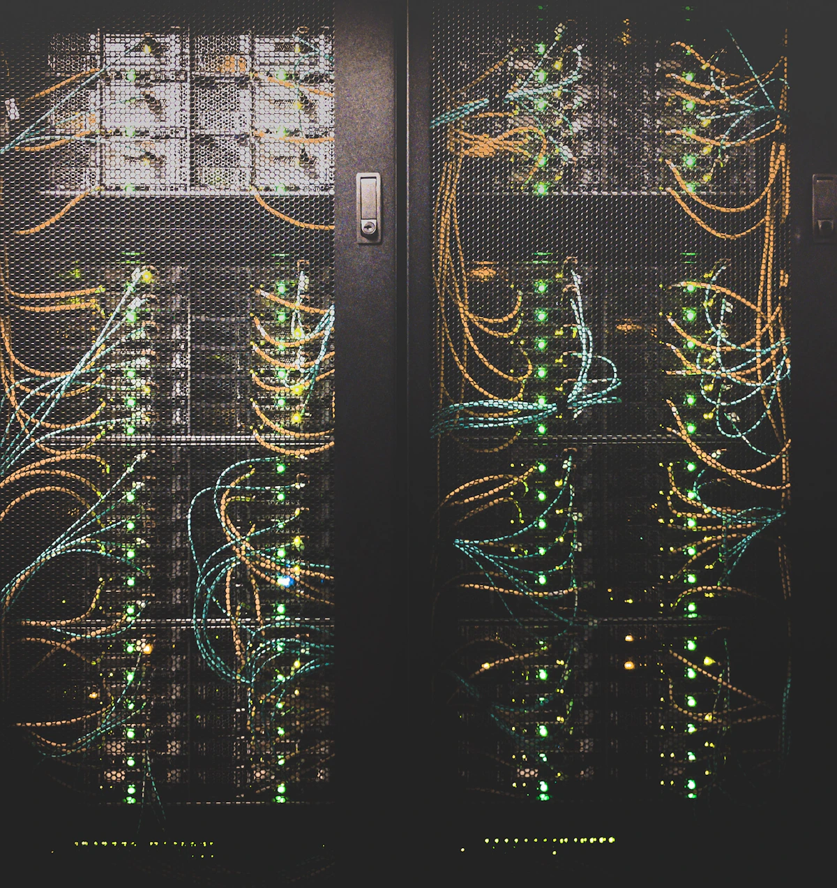Network equipment, fiber connections, and status lights inside data-center racks